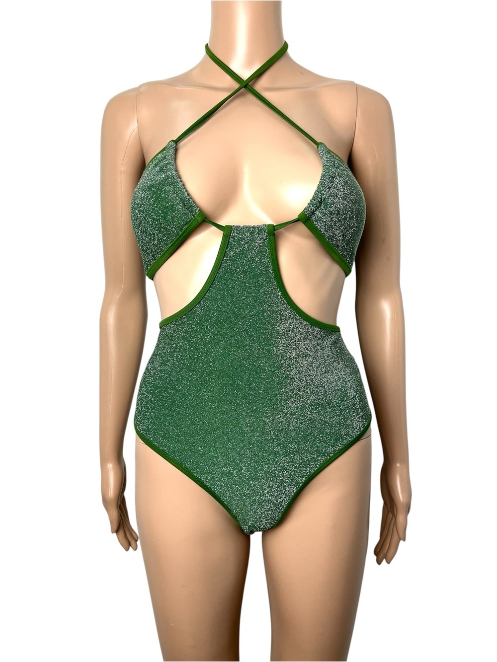 Aerie Shine Sparkly Green Cut Out Padded Halter Cheeky One Piece Swimsuit
